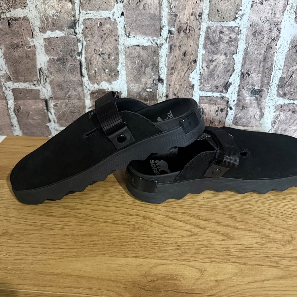 SOREL Viibe Women 10.5 Black Suede Platform Clog Gorpcore Slip On Top Strap - Picture 5 of 6